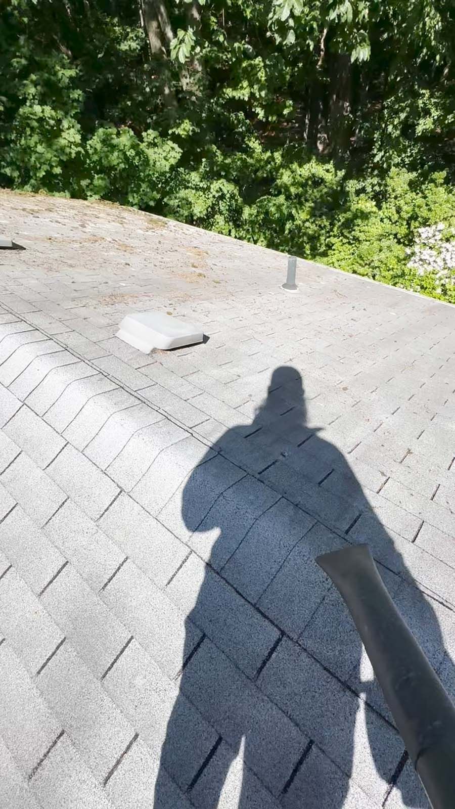 A person is standing on a roof with a vacuum cleaner.