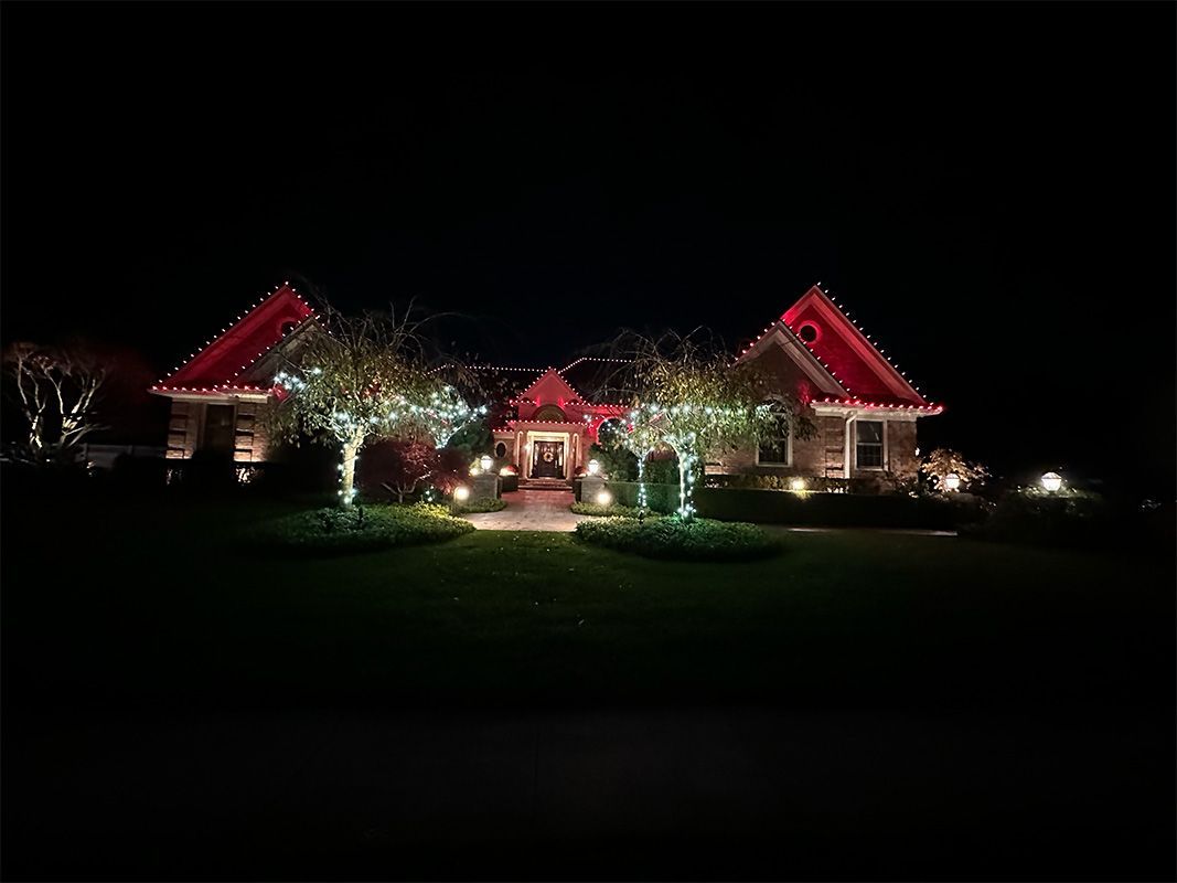 A house with red roof lights and white lights on trees; festive holiday decorations at night.