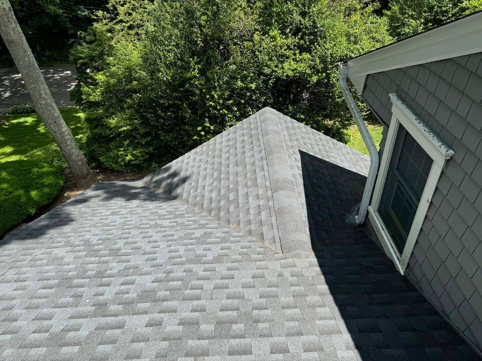 A roof of a house with a window and trees in the background.