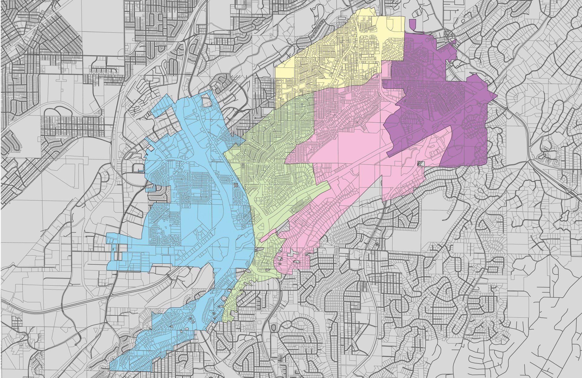 A black and white map of a city with different colored areas