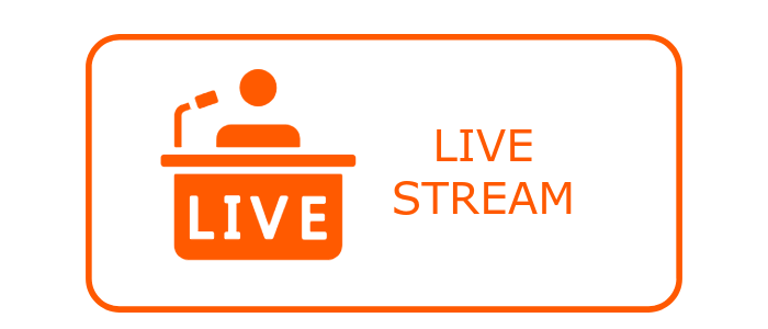 A live stream logo with a man giving a speech