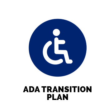 A blue circle with a white icon of a person in a wheelchair and the words ada transition plan below it.