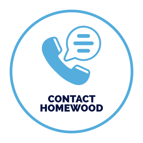 A blue icon of a phone with a speech bubble and the words `` contact homewood ''.
