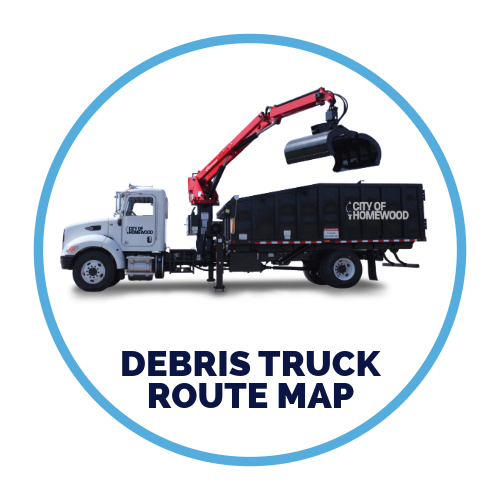 A debris truck route map with a drawing of a dump truck in a circle.