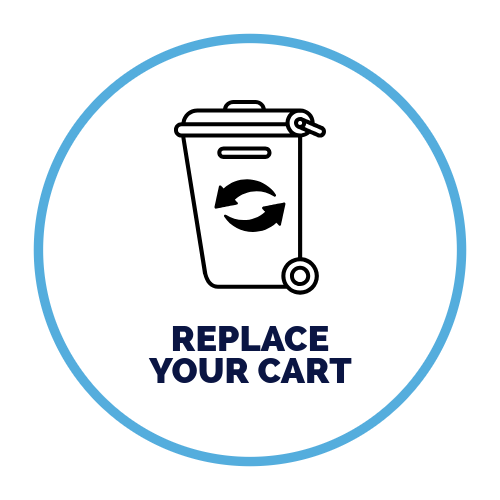 A blue circle with a trash can and the words `` replace your cart ''.