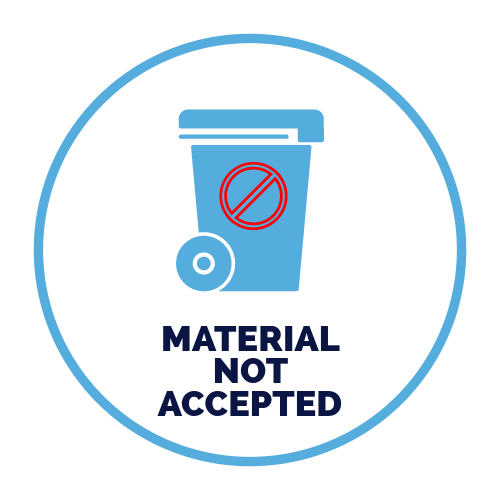 A blue trash can with a red circle around it and the words `` material not accepted ''.