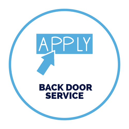 A blue circle with the words `` apply back door service '' on it.