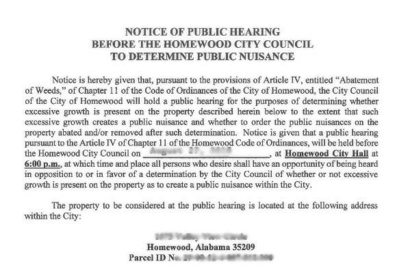 A notice of public hearing before the homewood city council to determine public nuisance
