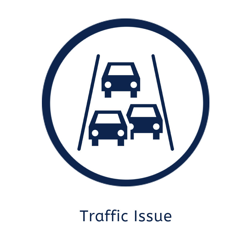 A traffic issue icon with two cars on a highway in a circle.