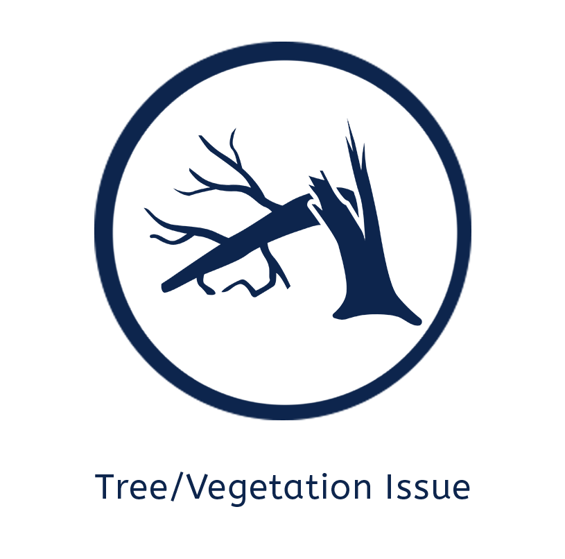 A fallen tree in a circle with the words tree / vegetation issue below it.