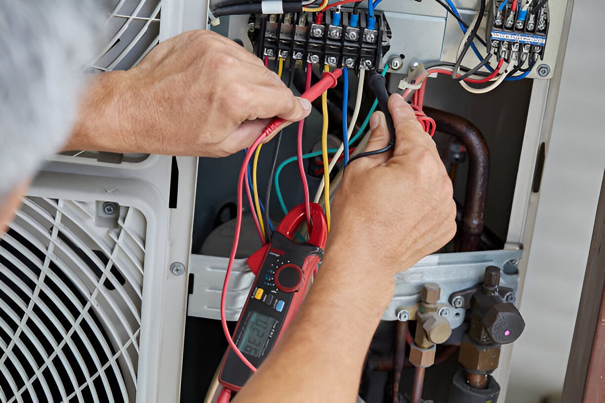 The Electric Pro - Electrician testing voltage connections inside HVAC control unit with multimeter in Sonoma County