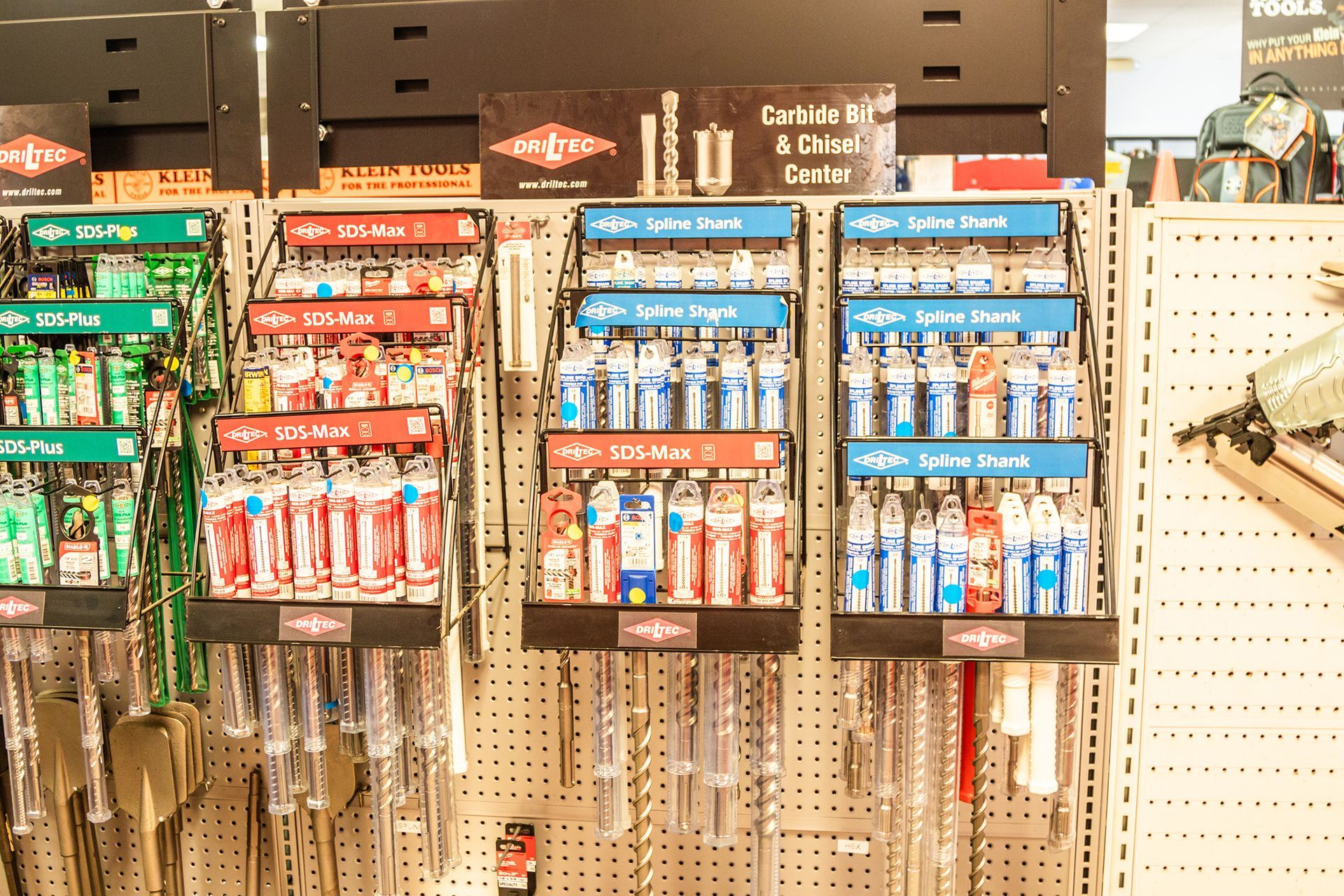 A bunch of tools are on display in a store