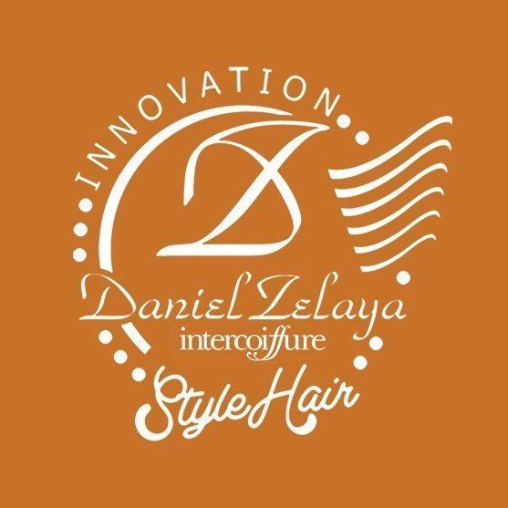 Daniel Zelaya Intercoiffure. Letras blancas sobre fondo naranja. Presenta las letras 
