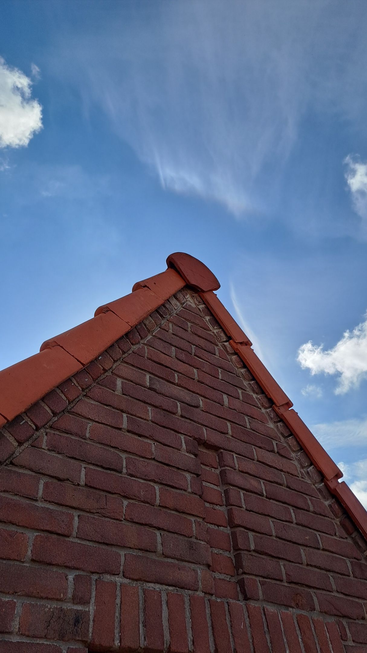 Een bakstenen gebouw met een rood pannendak en een blauwe lucht op de achtergrond.