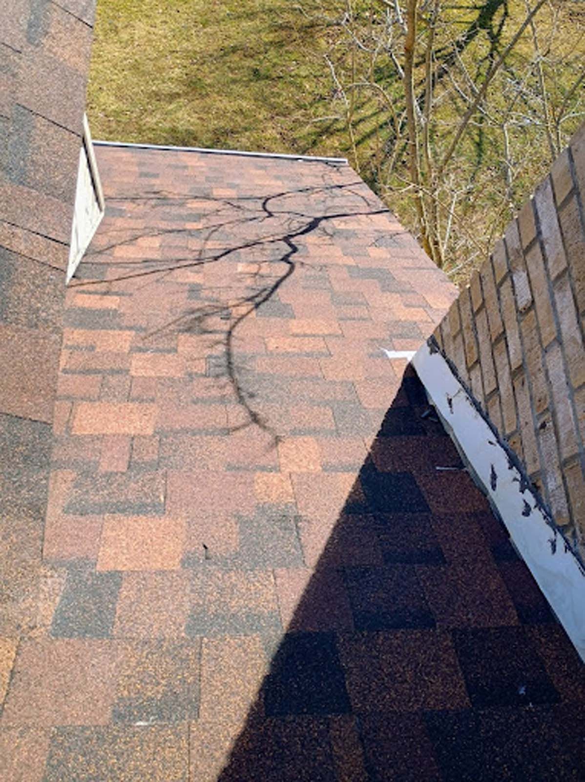 Roof with visible cracks, brown shingles, and a brick wall.