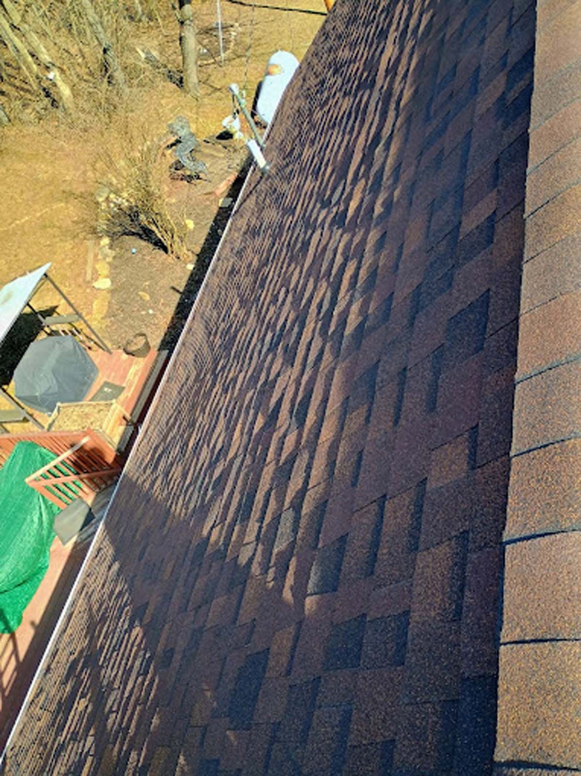 A bird is perched on the side of a roof.