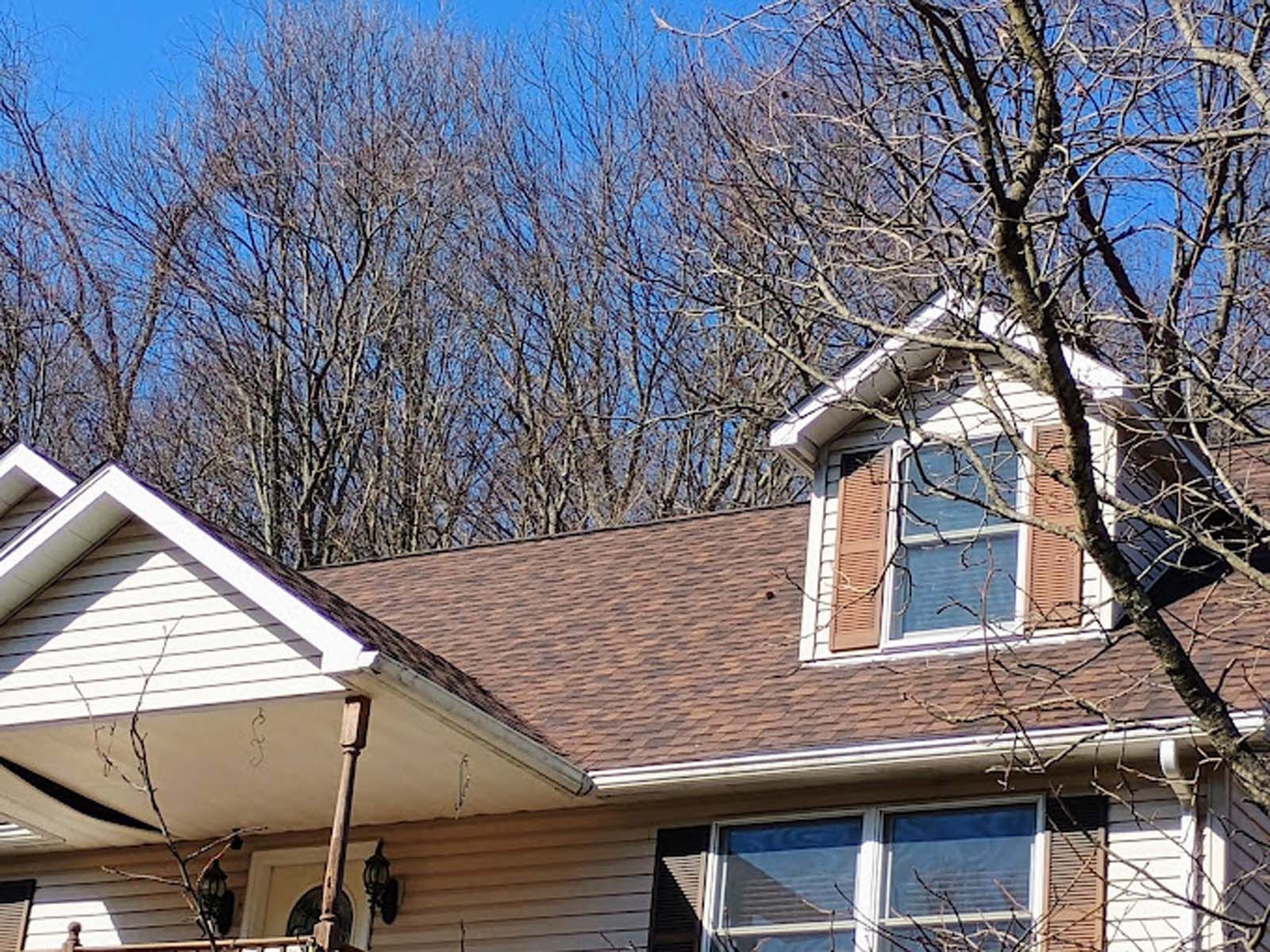 A house with a brown roof and trees in the background