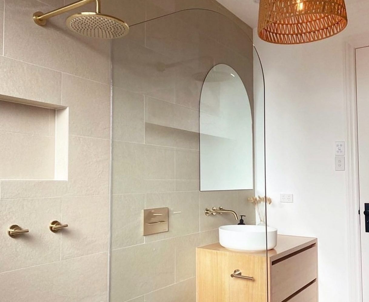 Modern Bathroom With Beige Tiles, Gold Fixtures — C’s Plumbing & Gas Gold Coast in Ipswich, QLD