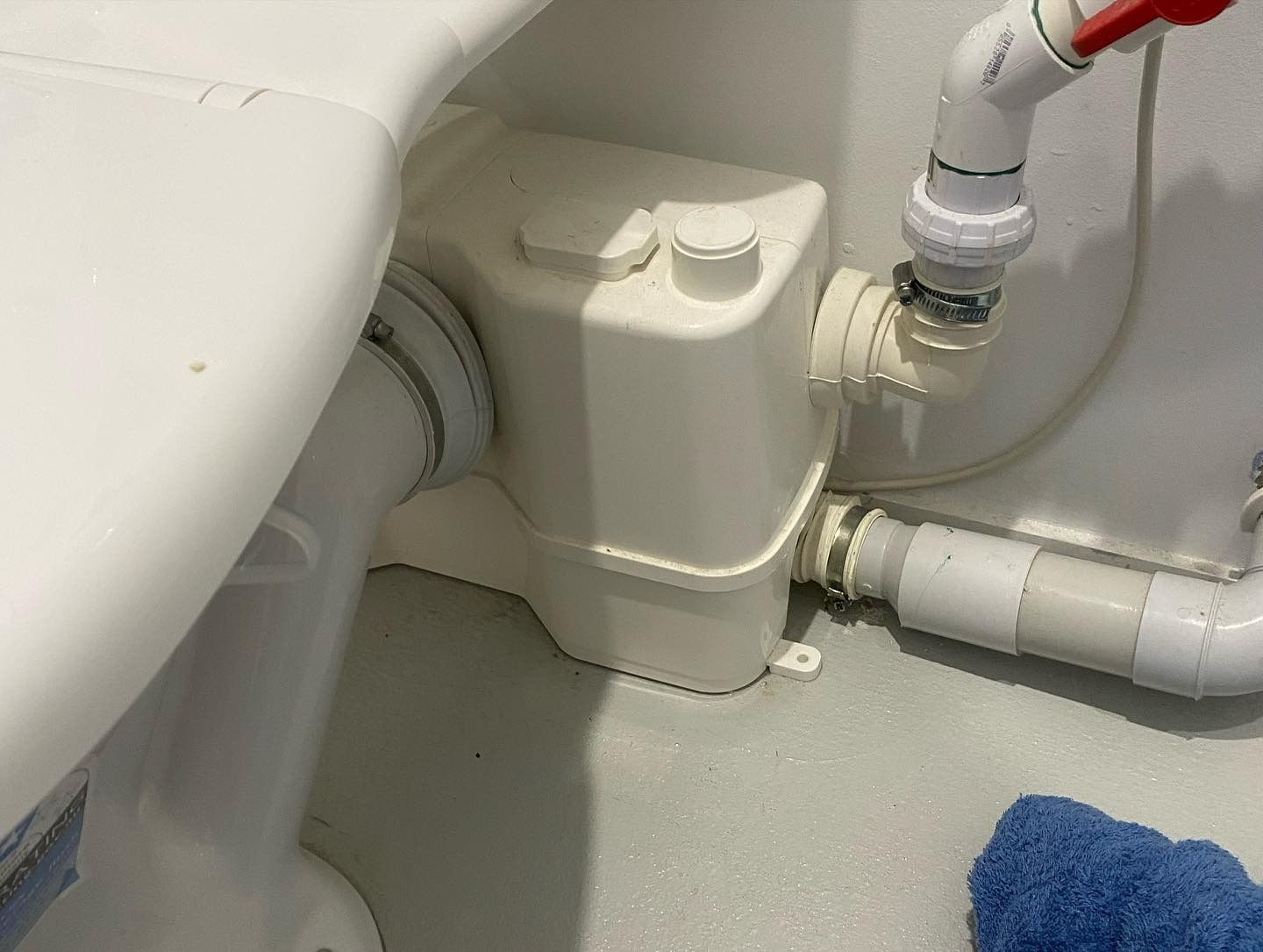 White Macerator Pump Next to a White Toilet — C’s Plumbing & Gas Gold Coast in Yatala, QLD