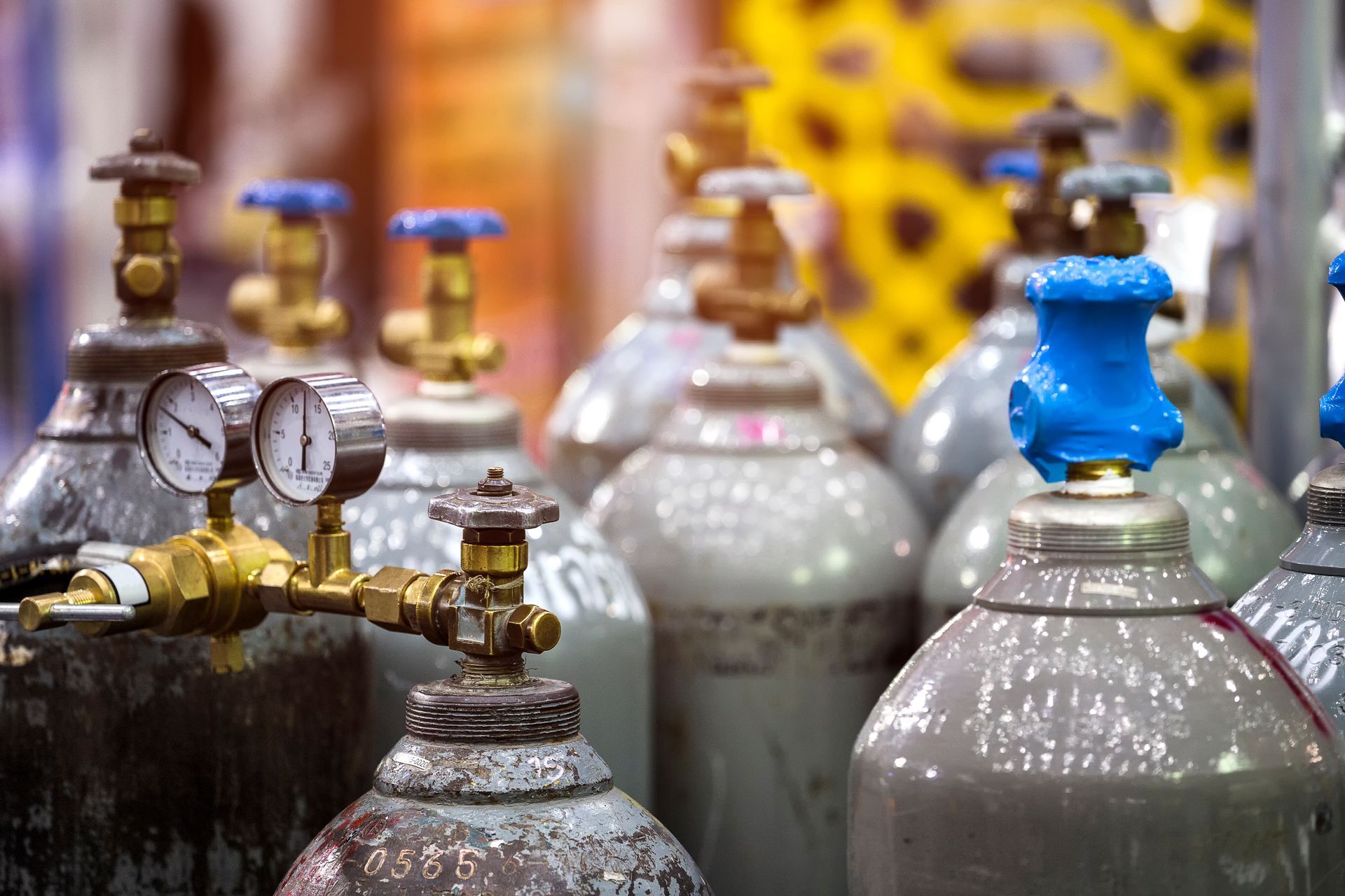 Rows of grey gas cylinders with pressure gauges and blue and gold valves.