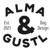 Een zwart-wit logo voor alma & gustl, een bedrijf dat hondgerelateerde producten ontwerpt.