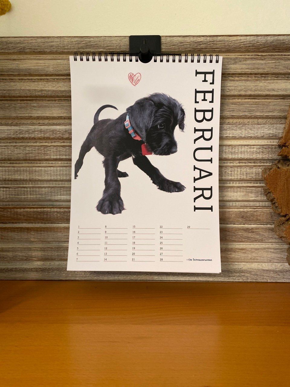 Januarikalender met een portret van een zwarte hond en een roze hart erboven.