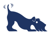 Een blauw silhouet van een hond die op zijn rug ligt.