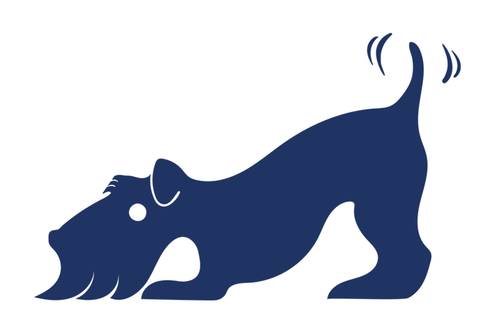 Een blauw silhouet van een hond die op zijn rug ligt.