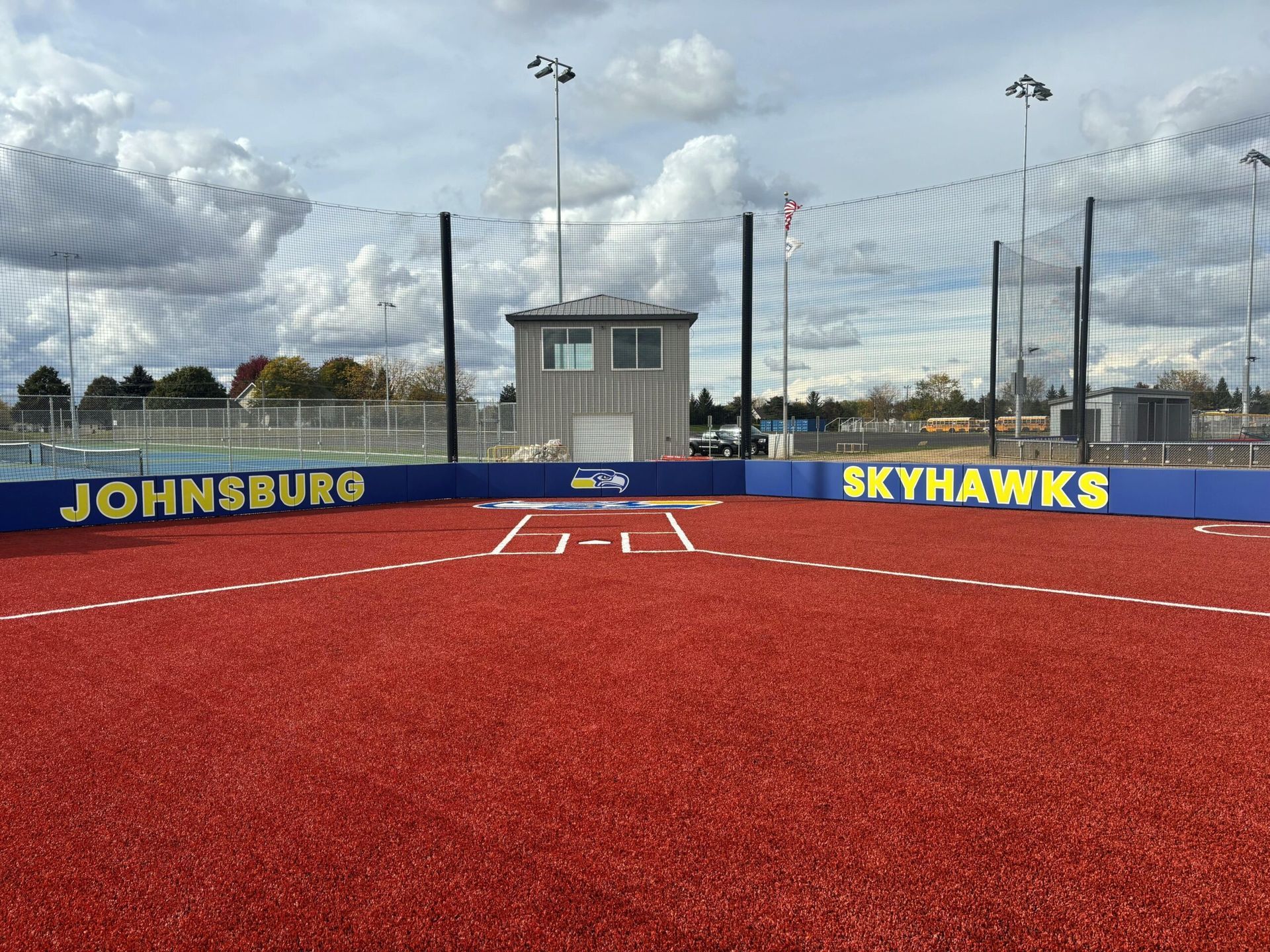 A baseball field with the word skyhawks on it