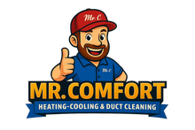 Mr. Comfort logo: Smiling man in a red cap gives a thumbs-up. Text reads