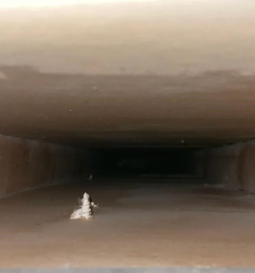 Dusty rectangular air duct interior with debris in the center, and a dark, obscured passage.