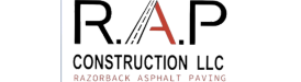 Logo for R.A.P. Construction LLC: black and red letters, a road graphic, and company name on white.