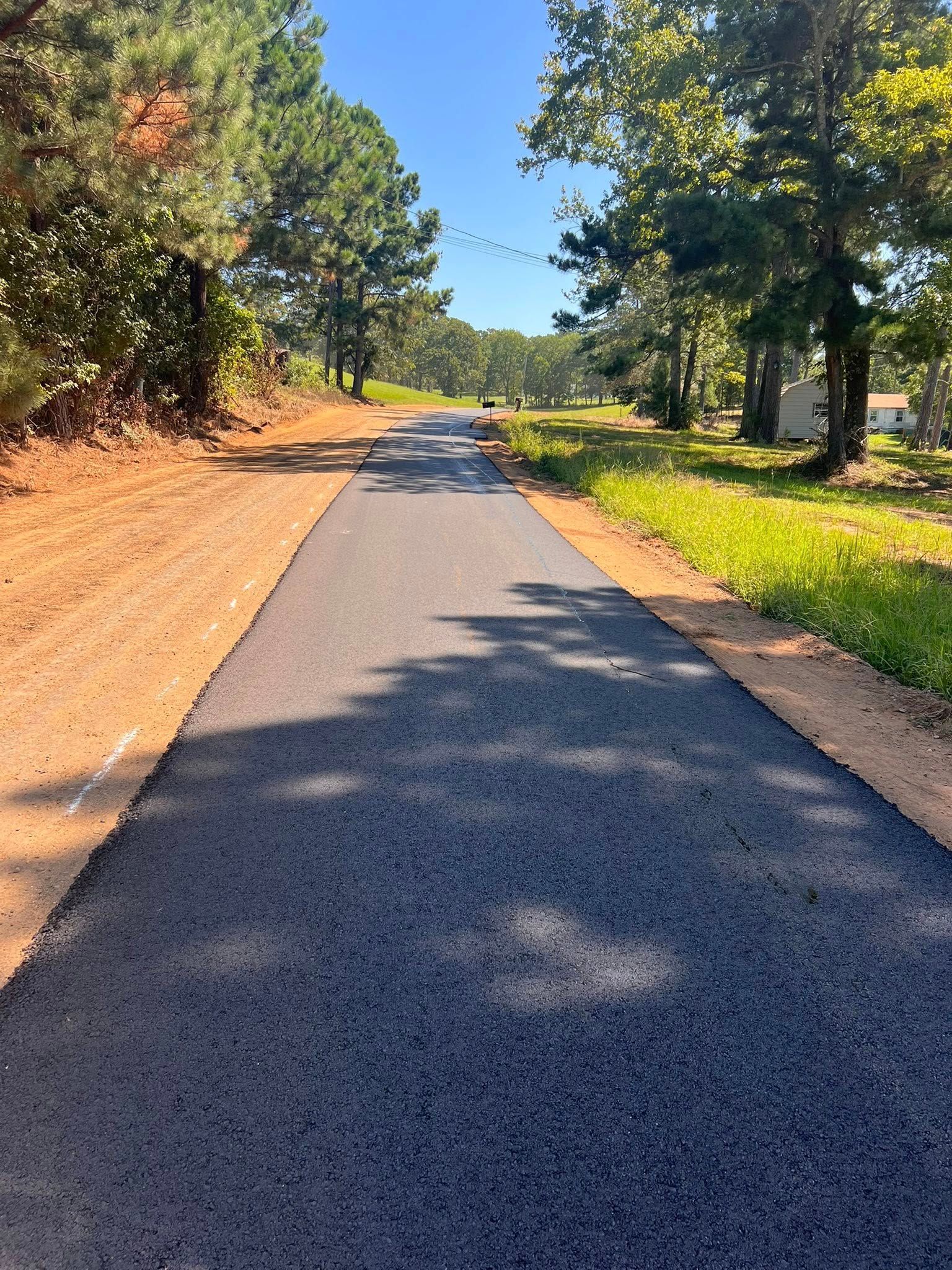 New asphalt path through a wooded area. Edges of the path are dirt and grass. Bright, sunny day.