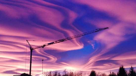 gru automontanti al tramonto