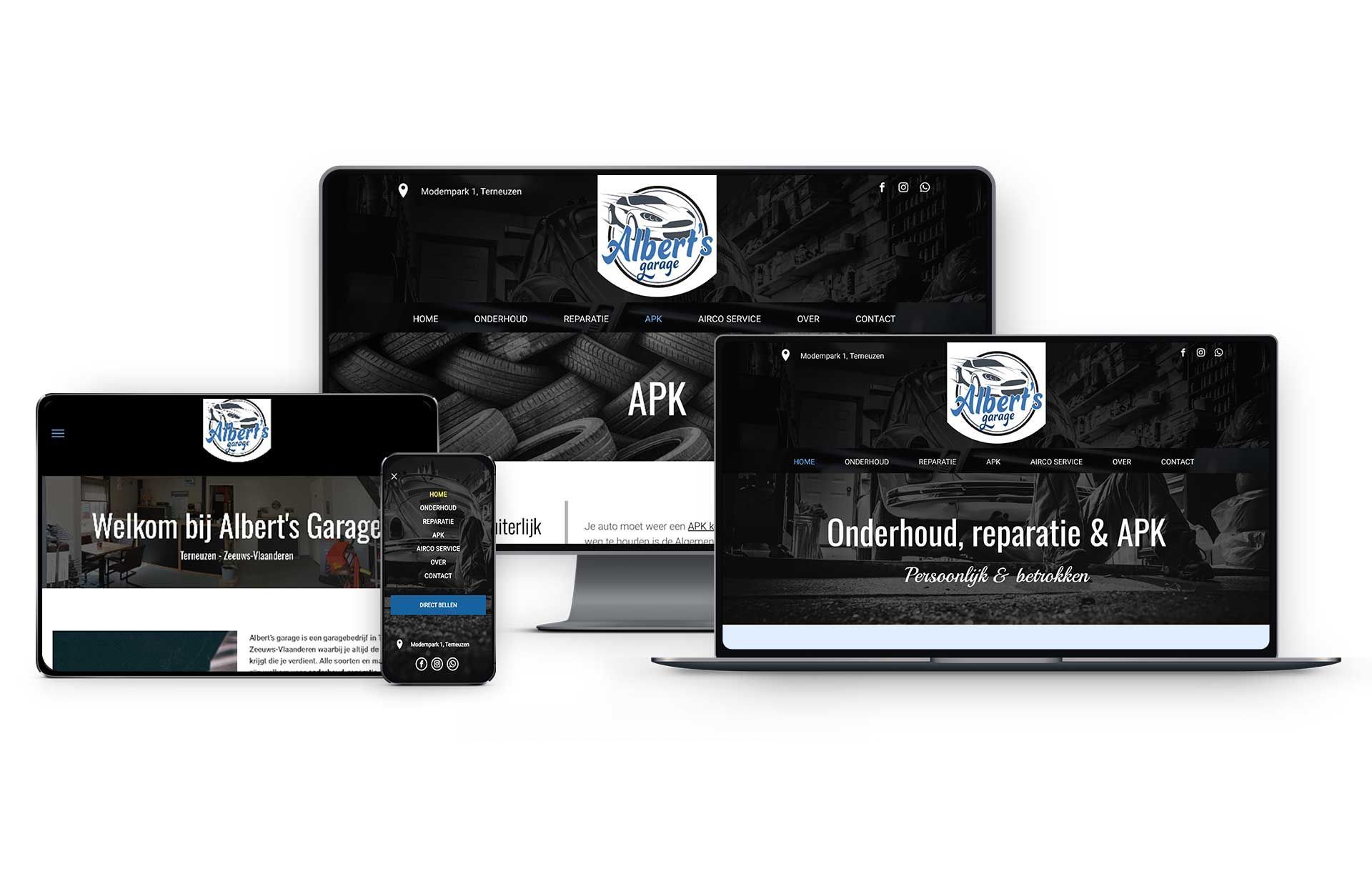 Vibe Creative case Alberts Garage website op desktop, laptop, tablet en mobiel