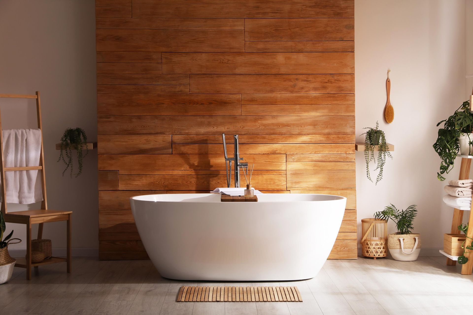 a bathtub in a bathroom with a wooden wall