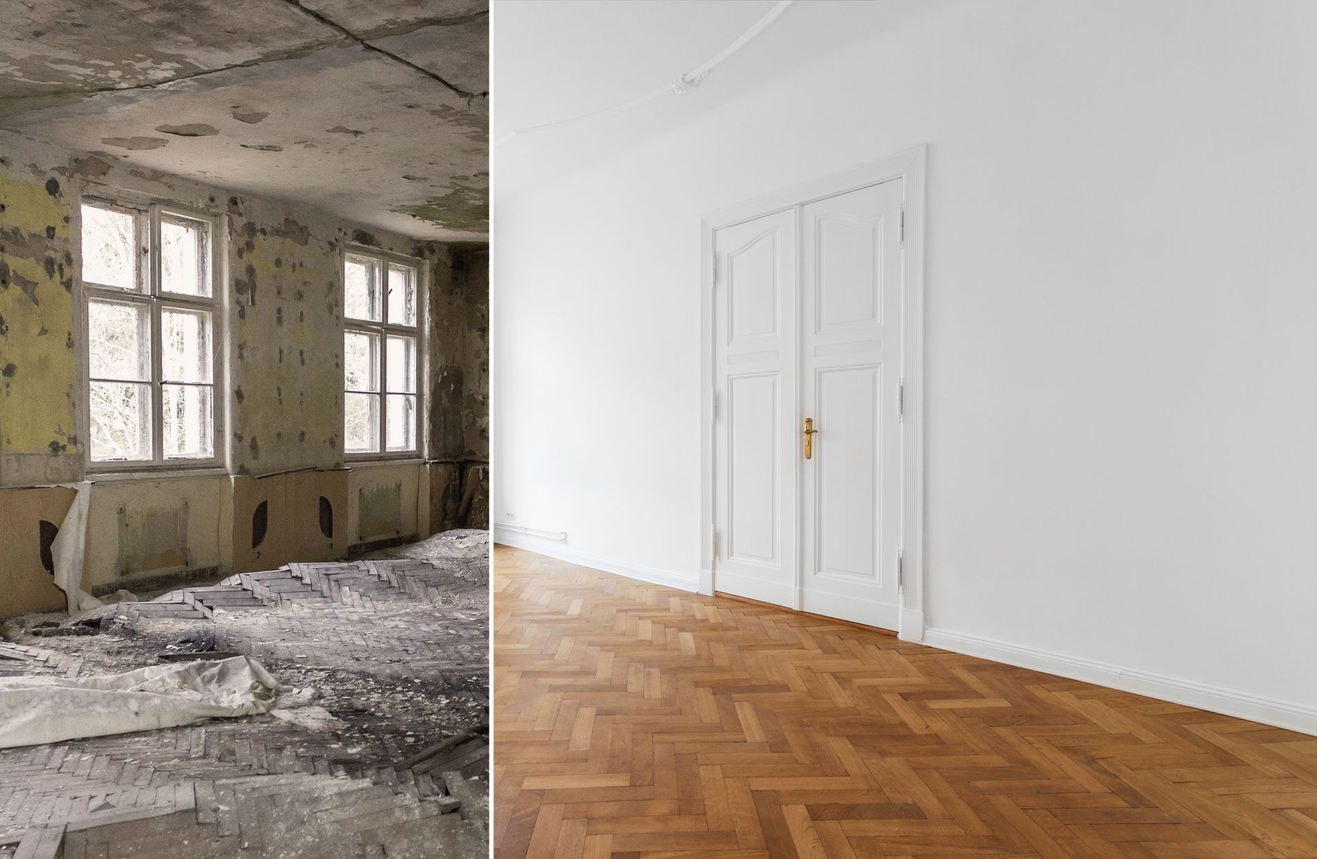 A before and after photo of a room with a wooden floor.