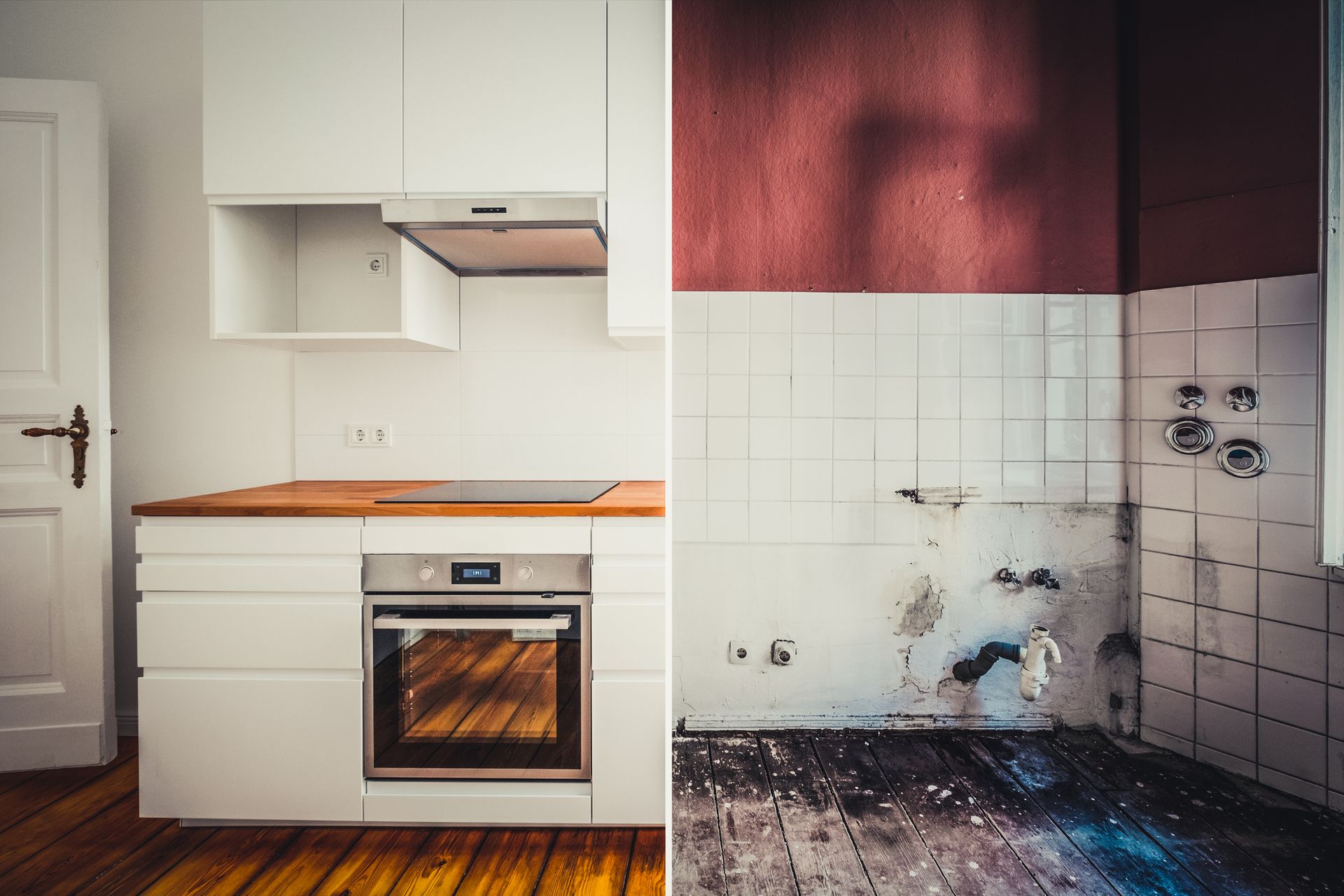 A before and after photo of a kitchen with white cabinets and wooden floors.