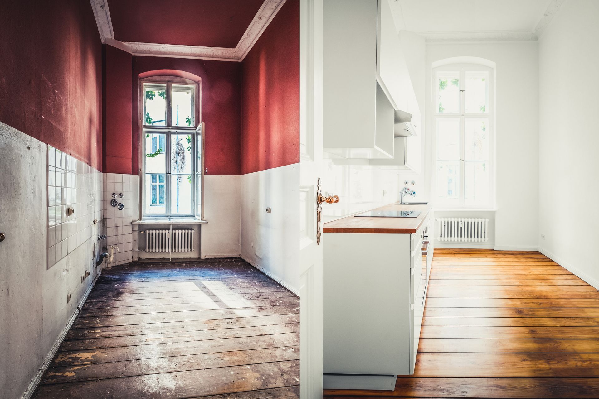 A before and after photo of an empty room and a kitchen.