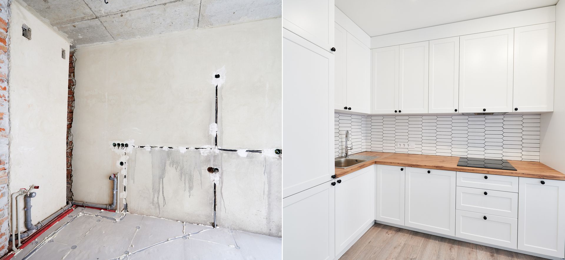 A before and after picture of a kitchen with white cabinets and wooden counter tops.