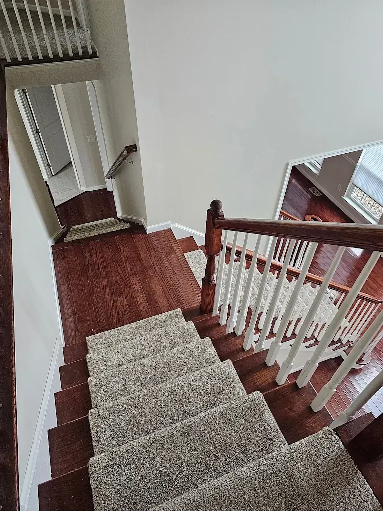 Staircase with carpeted steps and wooden railing; view from above.