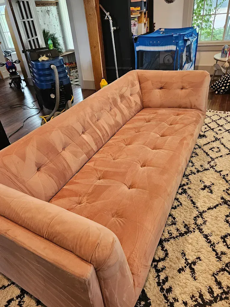 Pink tufted sofa being cleaned in a living room; carpet cleaner visible in the background.