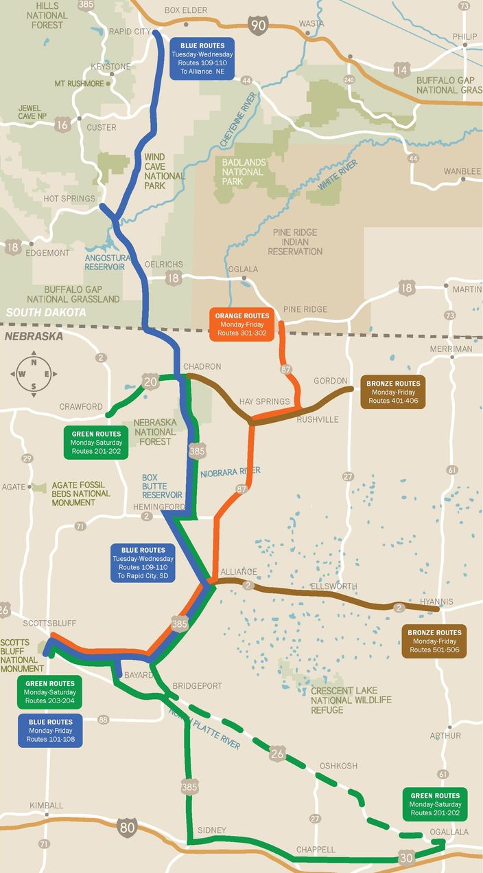 Map of Panhandle region showing Blue, Green, Orange, and Bronze intercity bus routes.