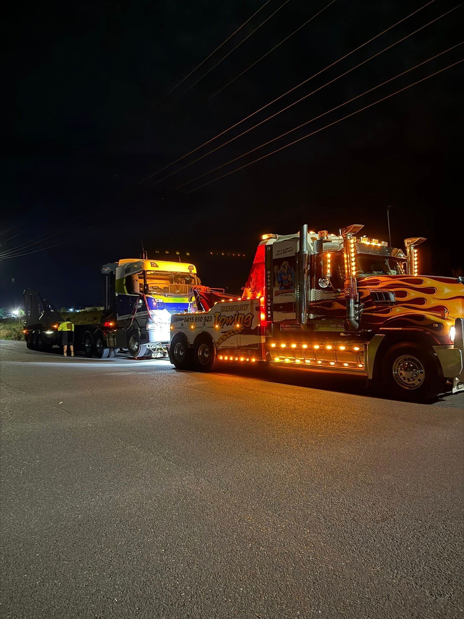 Tow Truck With Flashing Amber Lights at Night — Bangalow Towing in Bangalow, NSW