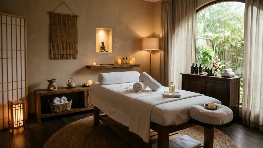 A tranquil massage room featuring clean linens, dim lighting, and traditional wellness decor