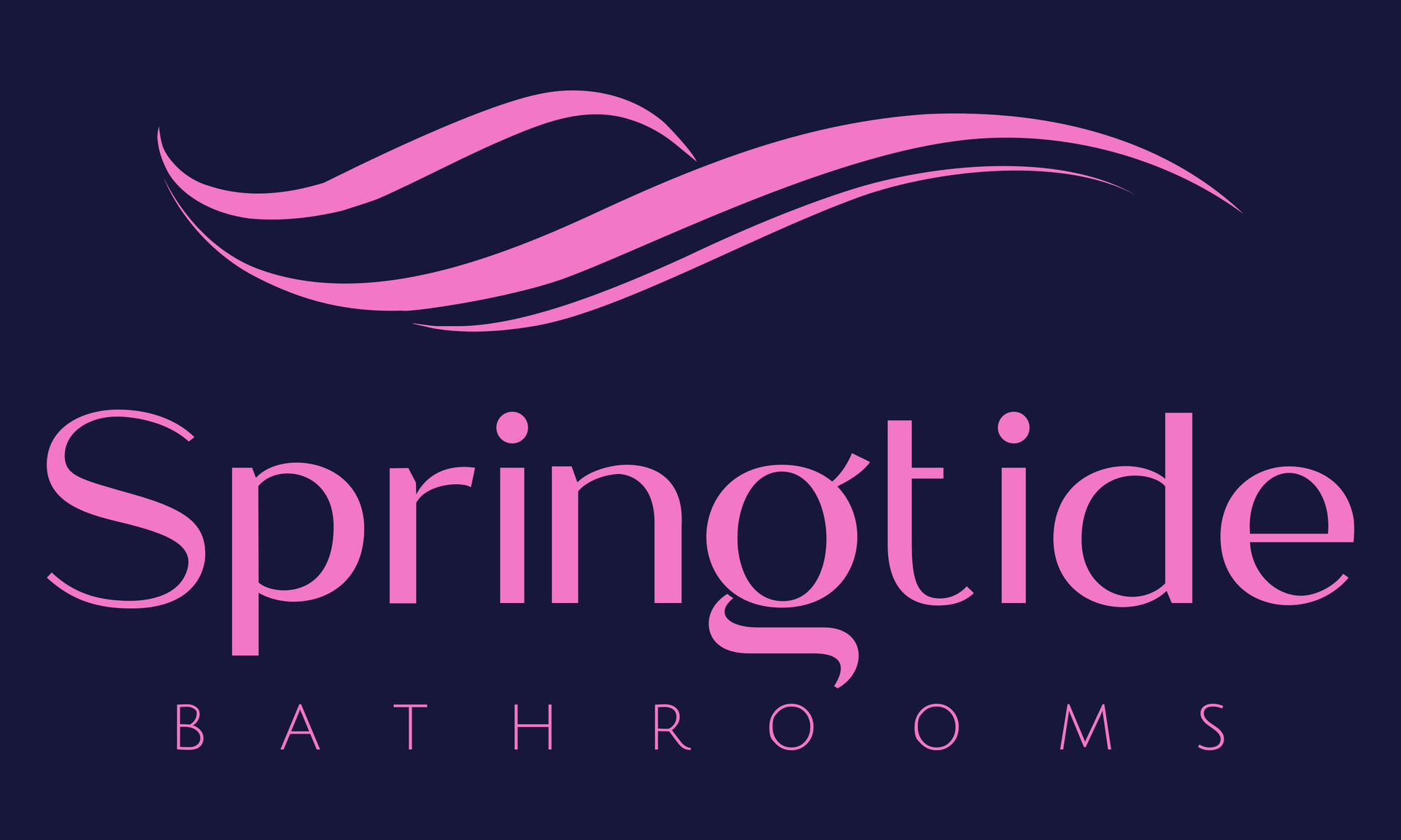 A logo for springtide bathrooms with a pink wave