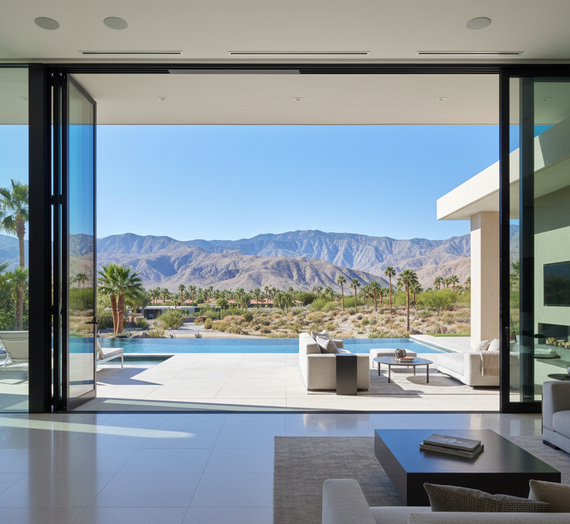 Large doors open to a pool and desert mountain view. Modern home interior with contemporary furniture.