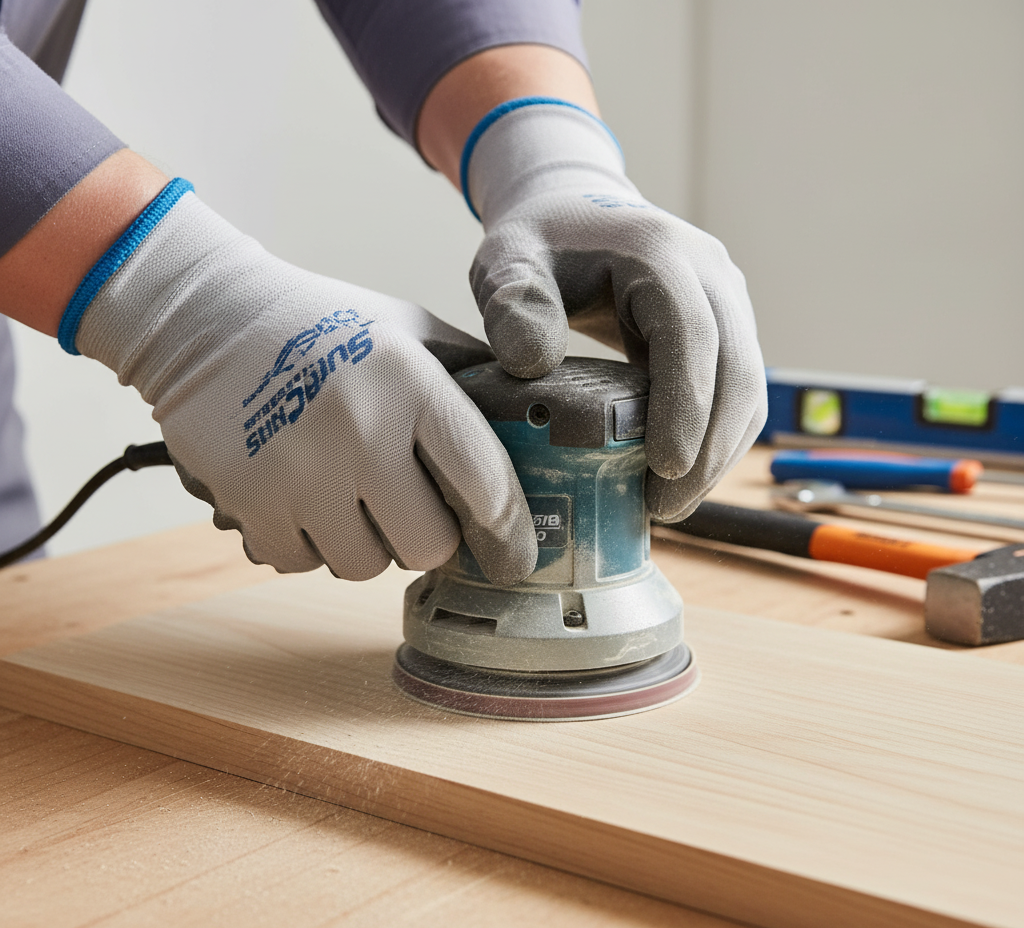 Person sanding wood with a power sander; hands wearing gray work gloves.