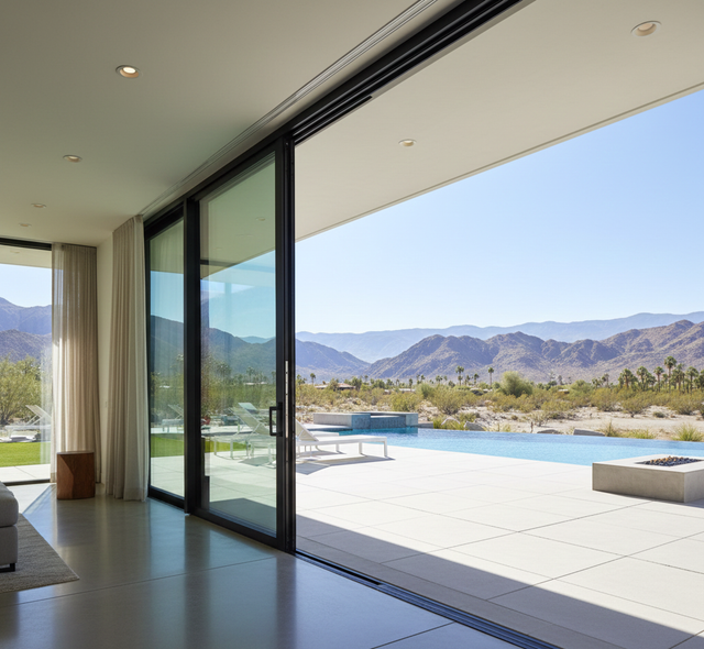Modern home interior with open sliding glass doors, showcasing a pool, desert landscape, and mountains.