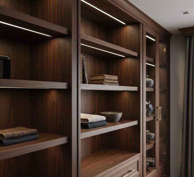 Dark wooden built-in bookshelf with items and integrated lighting.